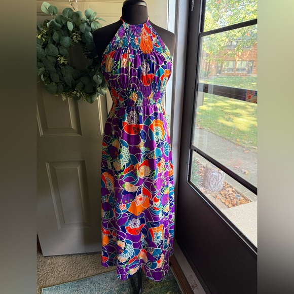 Vintage Dresses & Skirts - Vintage Keene Sportwear Hawaii tropical smocked halter maxi dress, size small